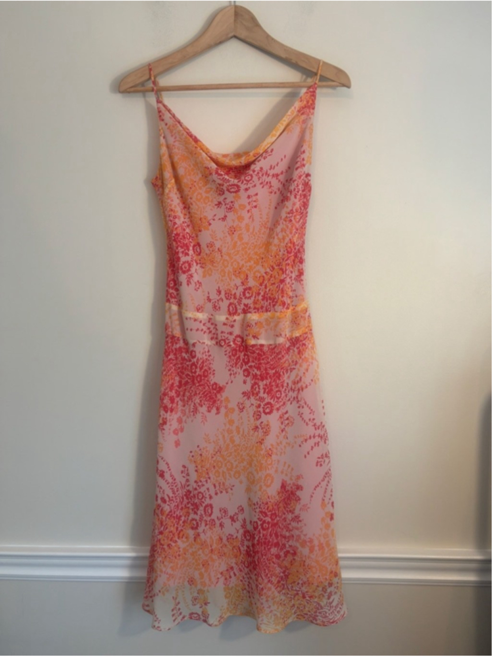 Y2K Floral Cowl Neck Pink Orange Bodycon Babydoll Slip Dress Size 7 Smart Set